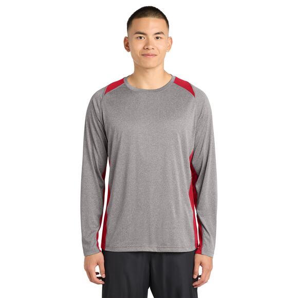 Sport Tek Boys' Gray Red Color Block Long Sleeve T-Shirt Youth Size Large - Picture 1 of 11
